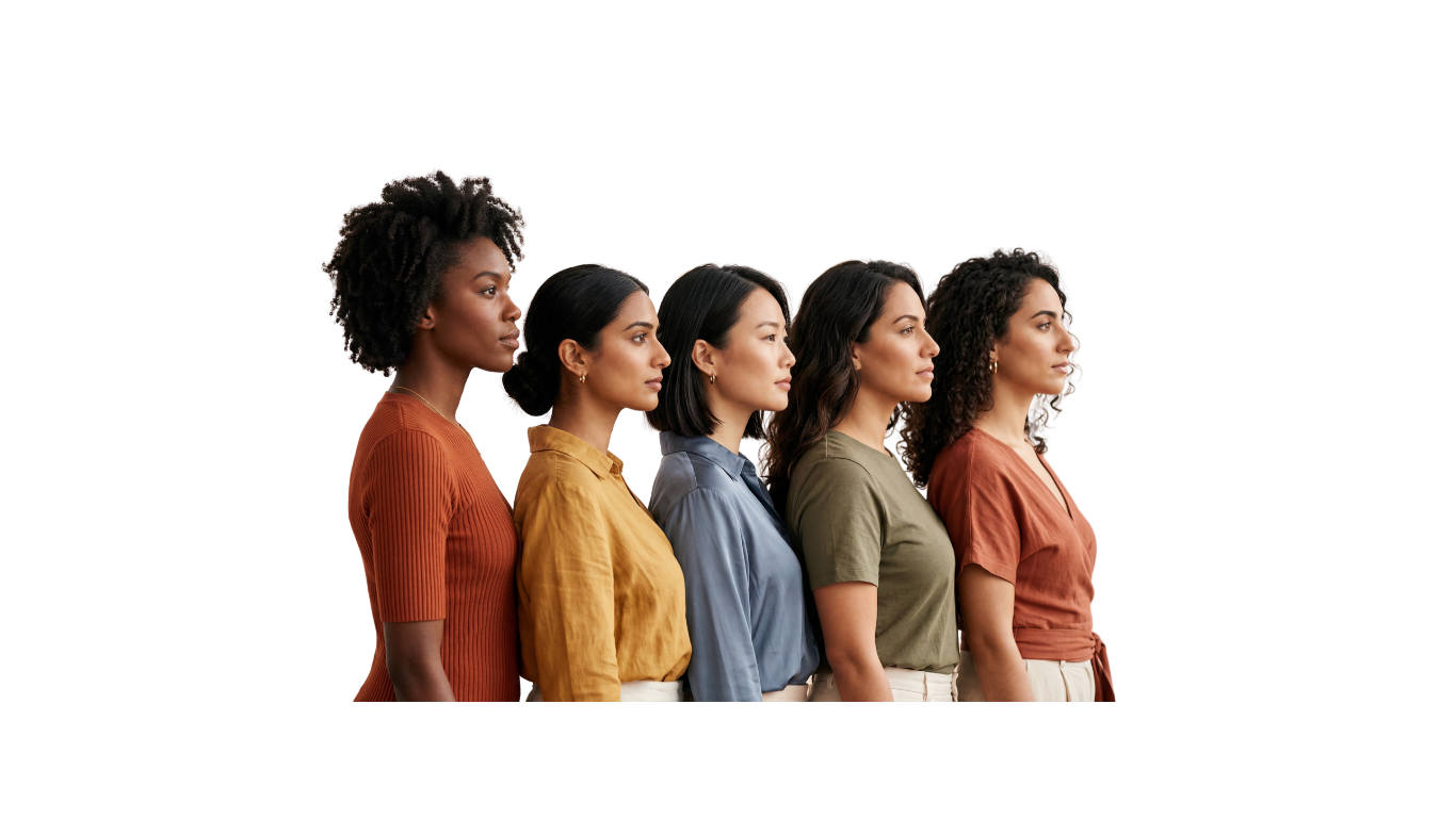 Five women with a range of skin tones standing together in profile